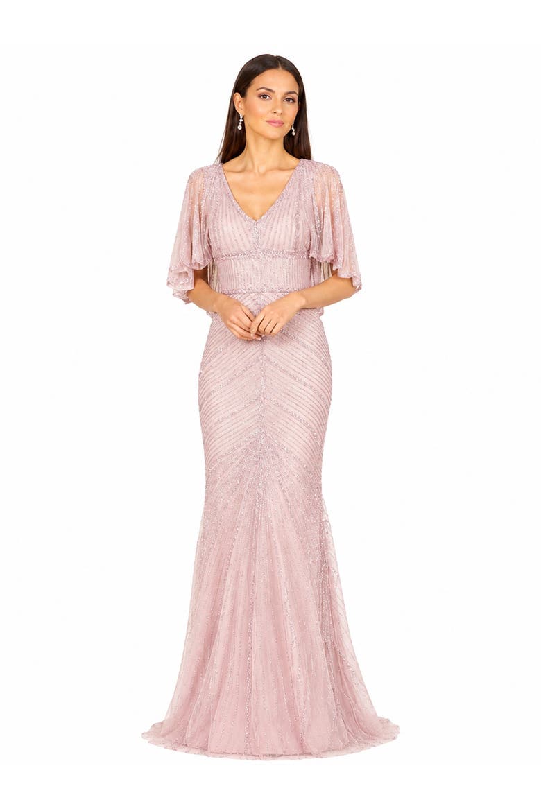 Beaded Faux-Wrap V-Neck Bridal Gown, Main, color, Blush