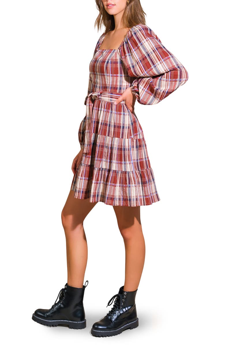 FLYING TOMATO Plaid Long Sleeve Dress, Alternate, color, Burgundy