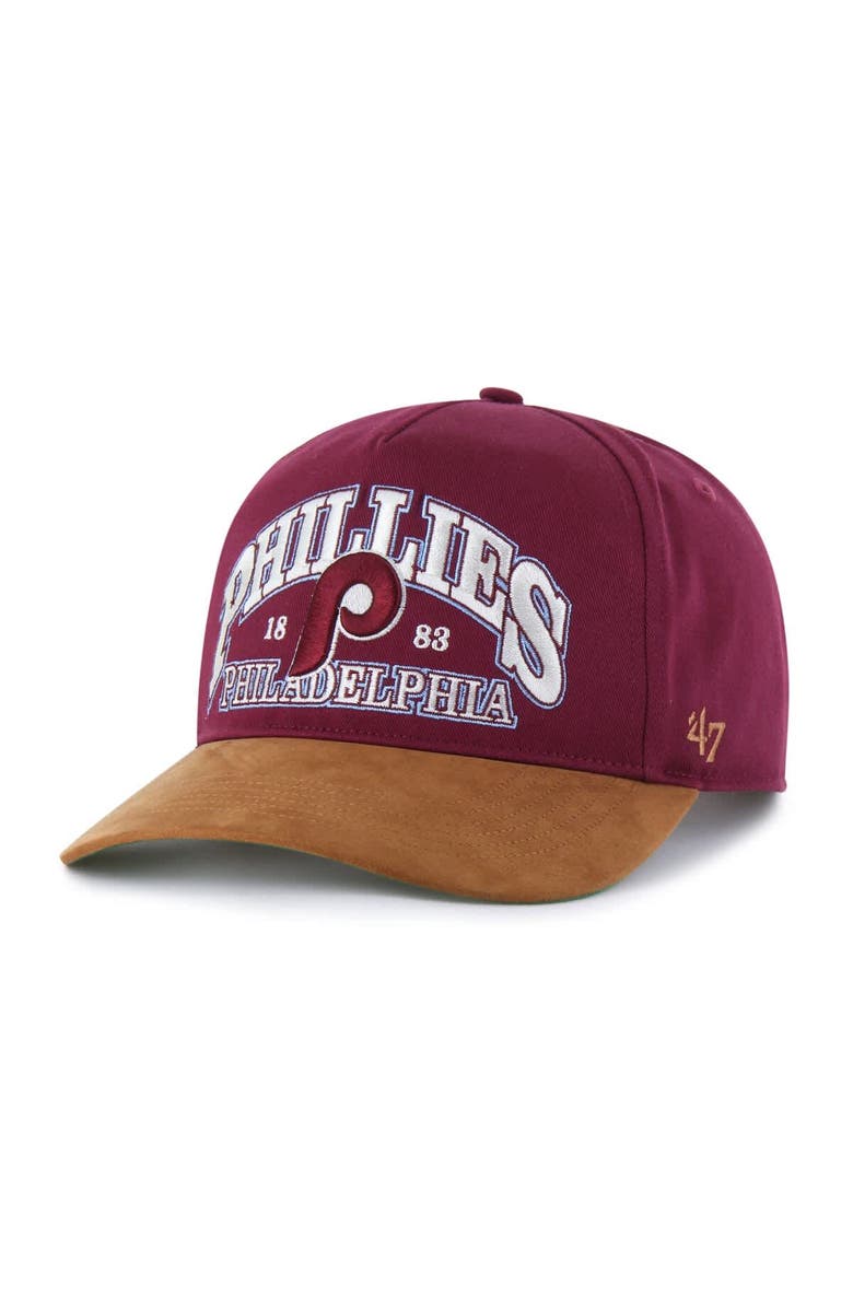 '47 Men's '47 Burgundy/Brown Philadelphia Phillies Cooperstown Break Wood Suede Hitch Adjustable Hat, Main, color, Burgundy