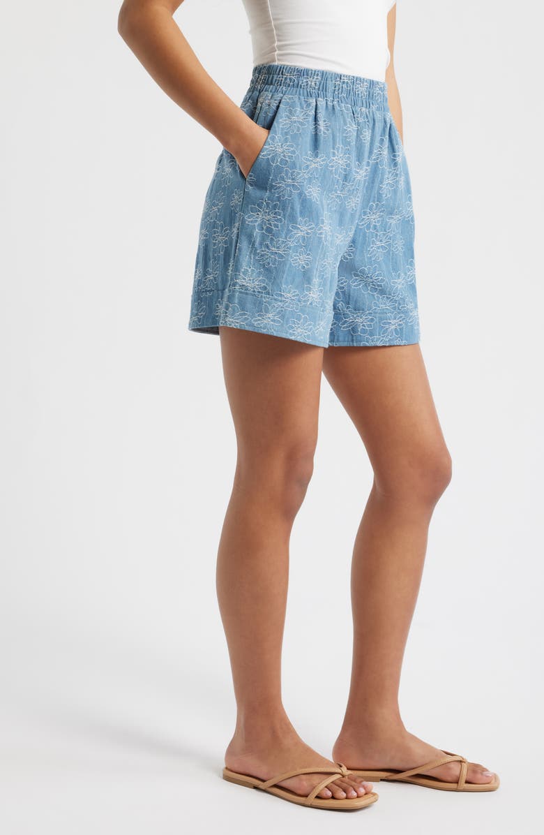 ICHI Floral Print Denim Shorts, Alternate, color, Denim/Cloud Dancer