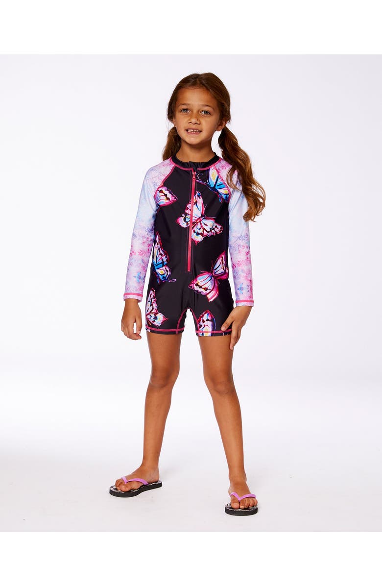 Deux par Deux Little Girl's Printed Long Sleeve One-Piece Rashguard Black And Multicolored Butterflies, Alternate, color,