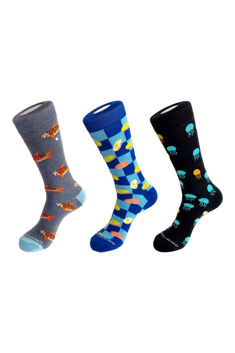 3-Pack Assorted Graphic Crew Socks, Main, color, BLUE MULTI