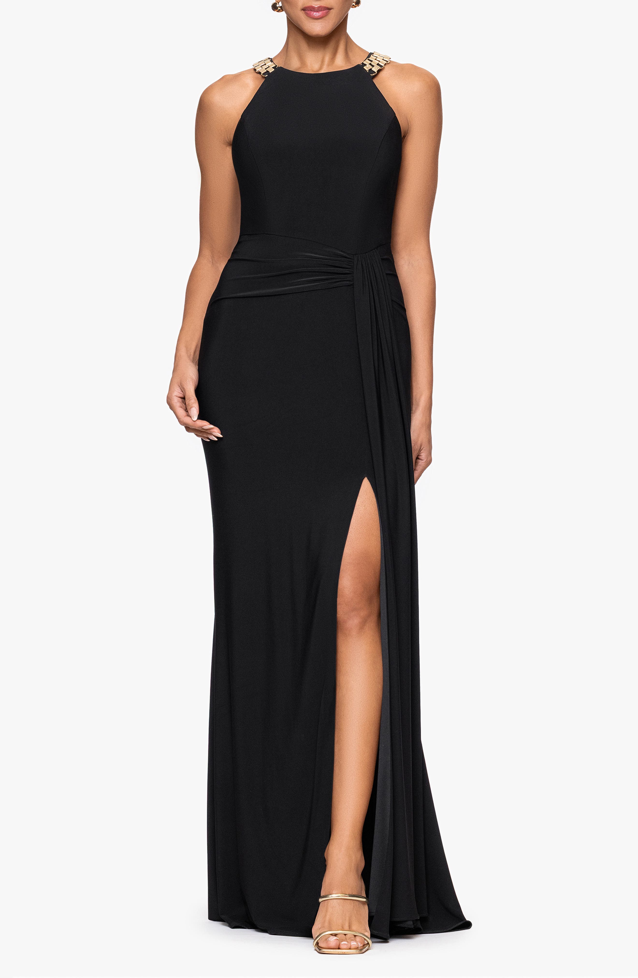 Xscape Evenings Chain Neck Detail Sheath Gown In Black