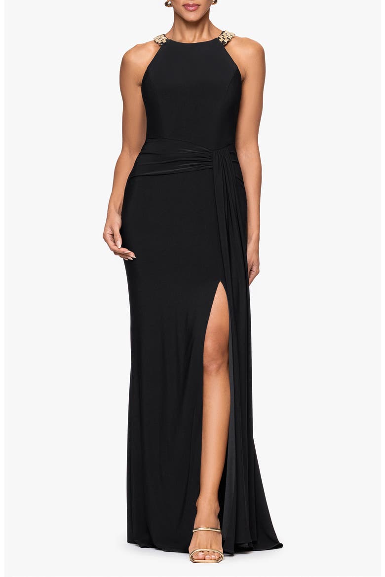 Chain Neck Detail Sheath Gown, Main, color, BLACK/ GOLD