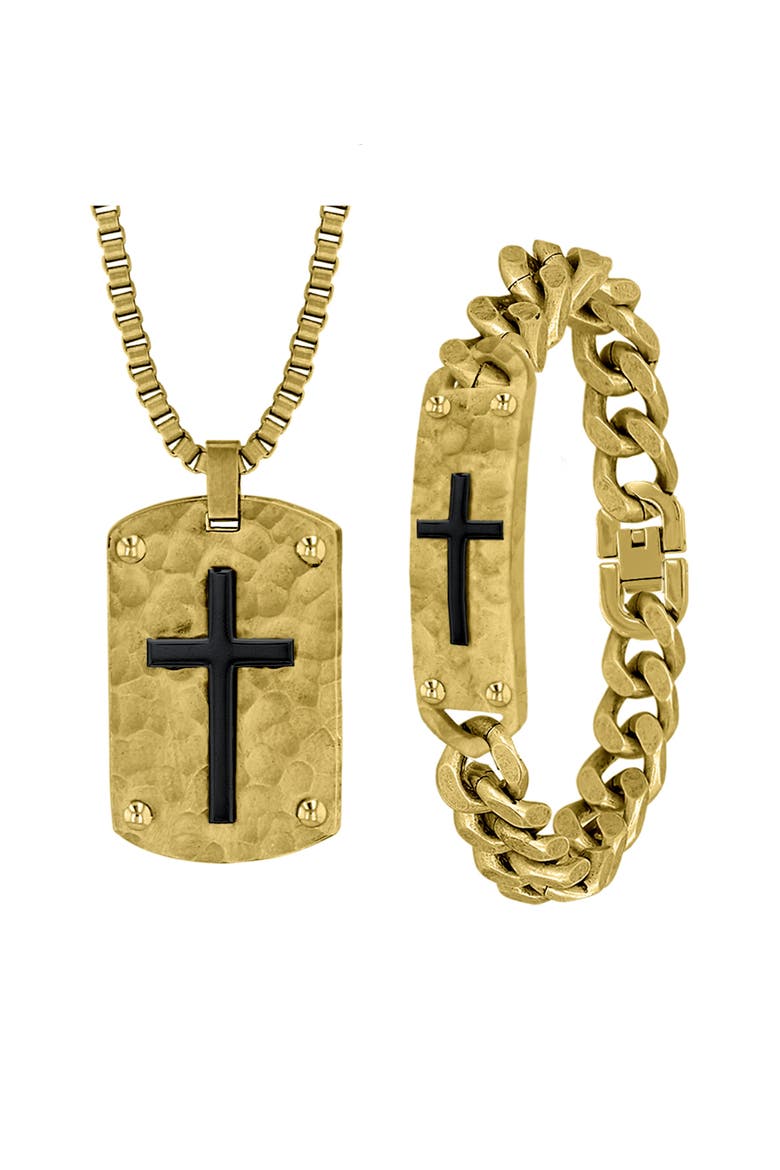 Men's Hammered Cross Dog Tag Pendant Necklace & ID Bracelet Set, Main, color, GOLD/ GOLD