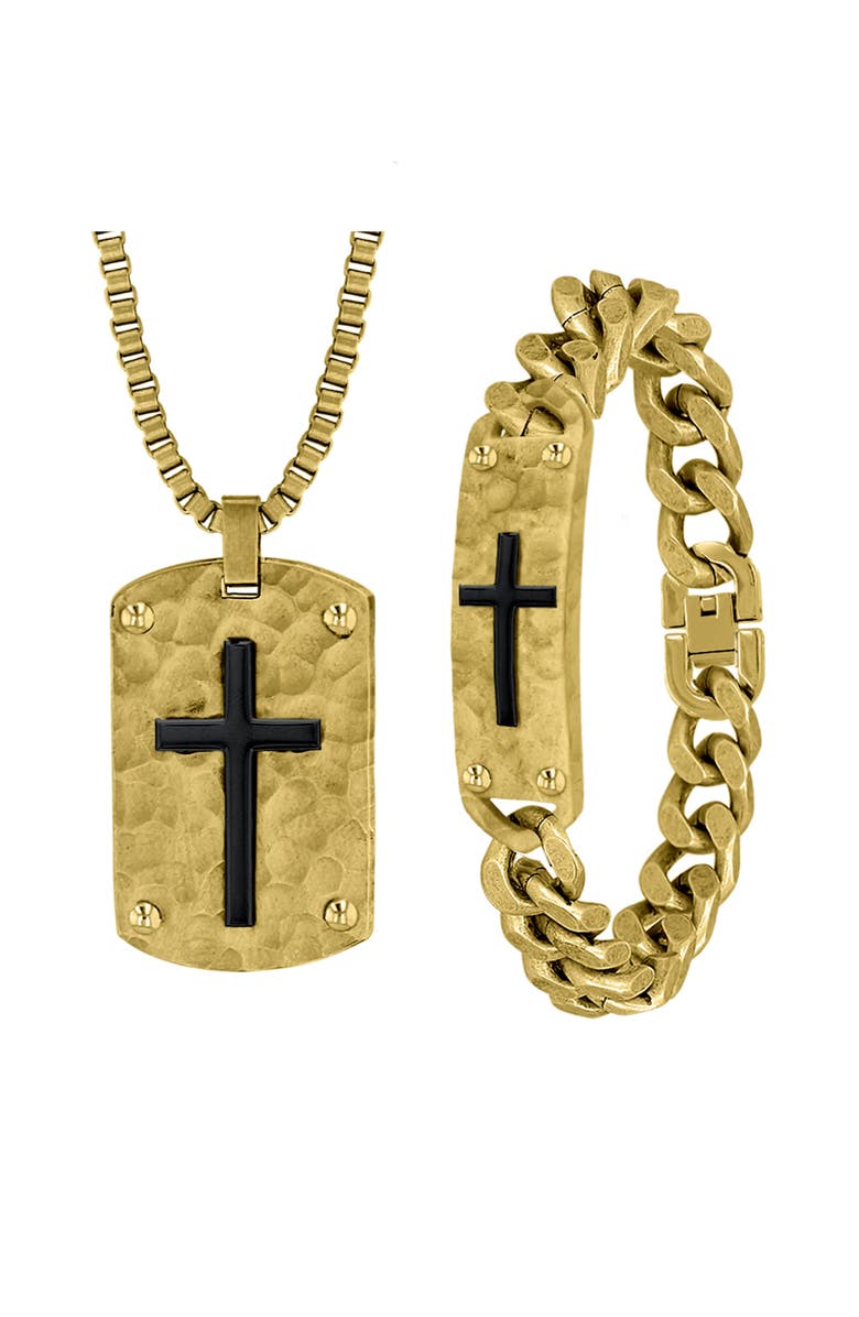 AMERICAN EXCHANGE Men's Hammered Cross Dog Tag Pendant Necklace & ID Bracelet Set, Main, color, Gold/ Gold