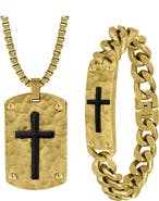 AMERICAN EXCHANGE Men's Hammered Cross Dog Tag Pendant Necklace & ID Bracelet Set