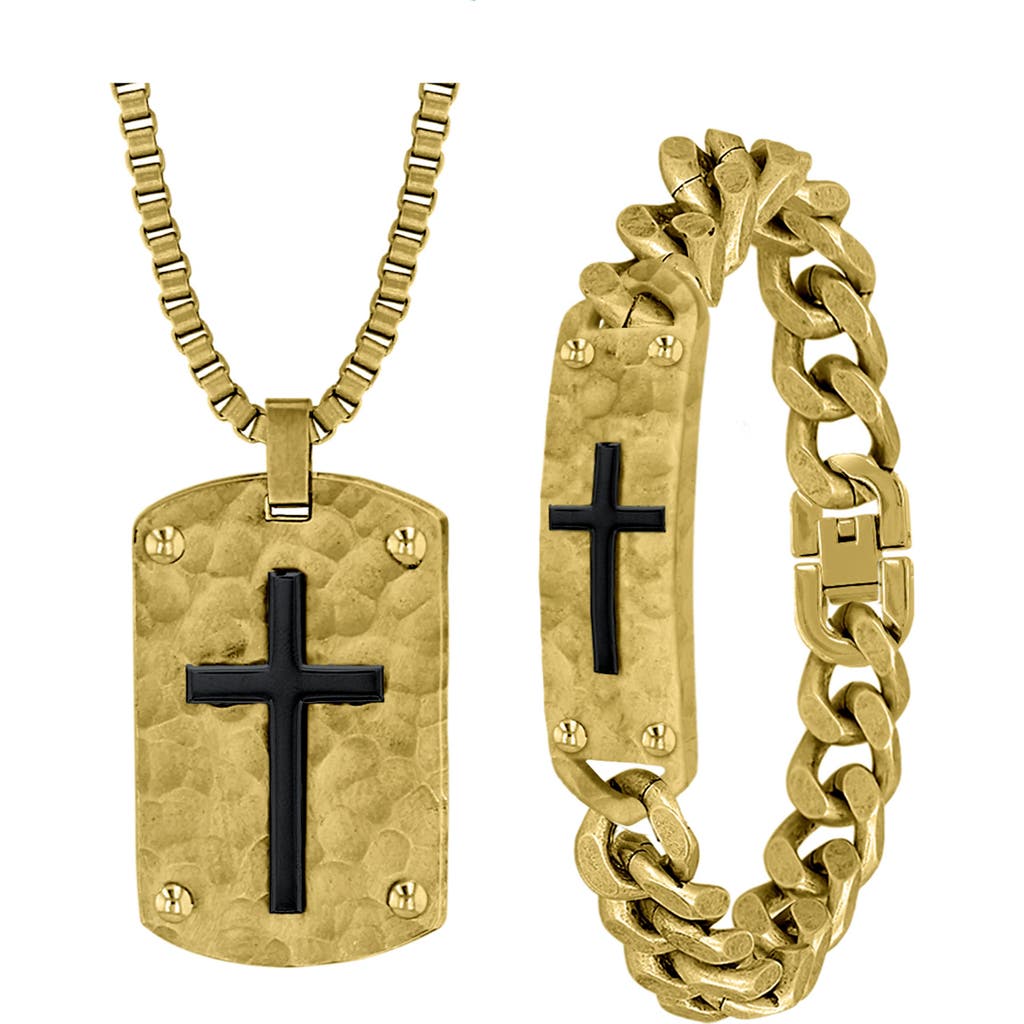 American Exchange Hammered Cross Dog Tag Pendant Necklace & Id Bracelet Set In Gold/gold