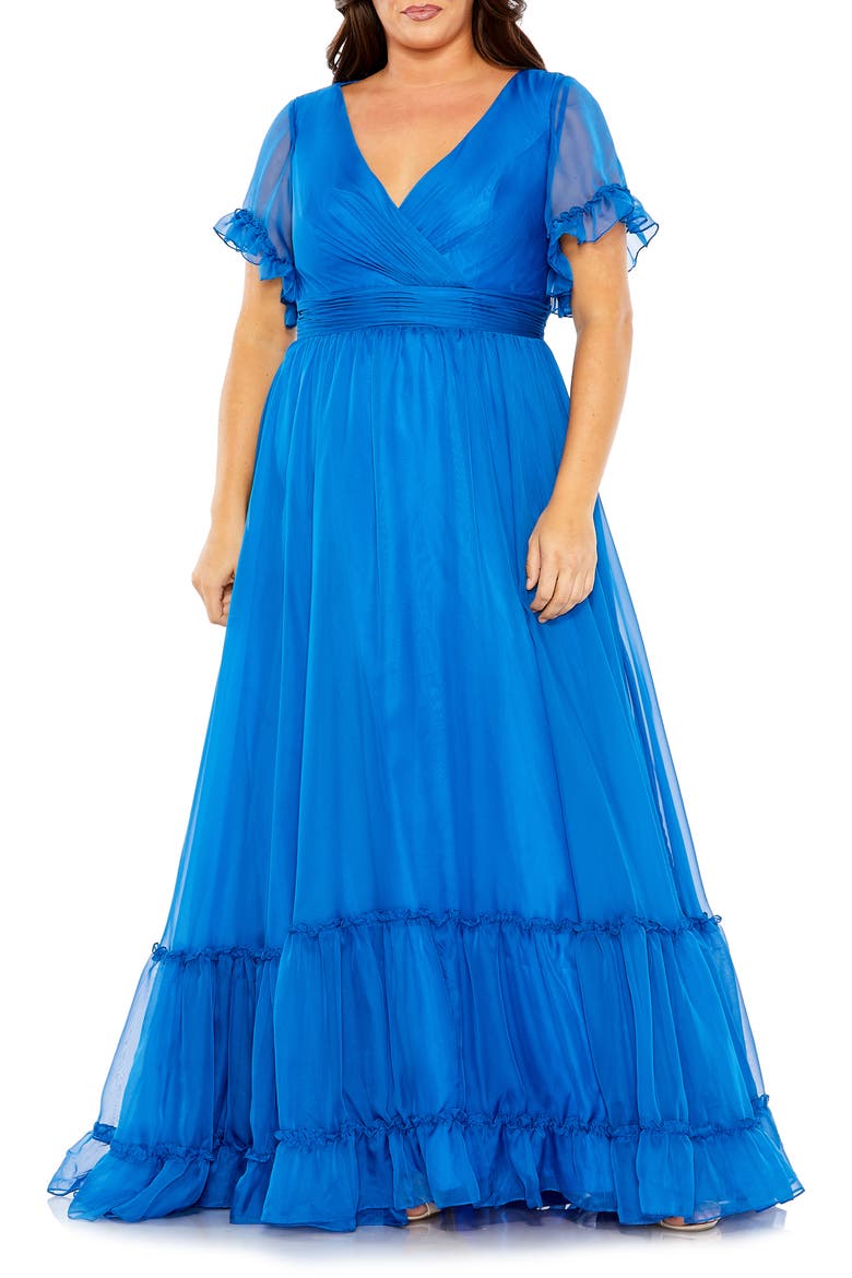 Chiffon Faux Wrap Flutter Sleeve Tiered Gown, Main, color, OCEAN BLUE