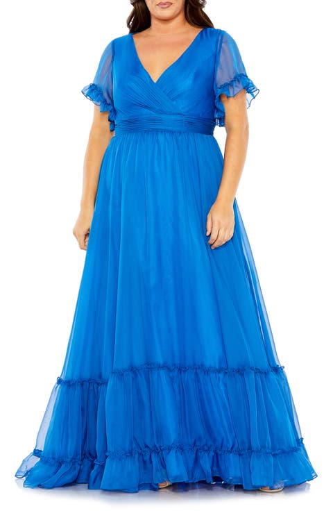 Chiffon Faux Wrap Flutter Sleeve Tiered Gown