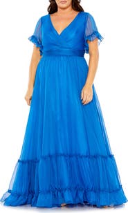 FABULOUSS BY MAC DUGGAL Chiffon Faux Wrap Flutter Sleeve Tiered Gown
