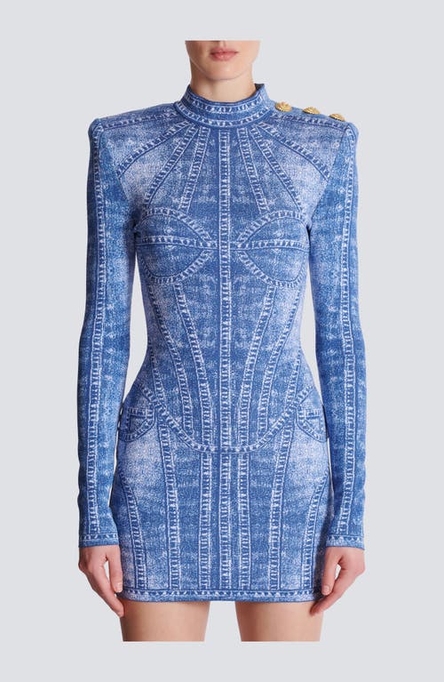 Balmain Short Jacquard Knit Dress With Denim Effect