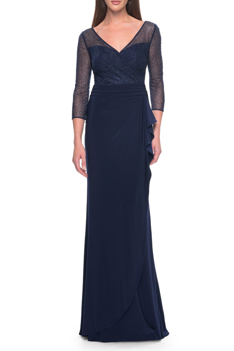 Evening Gown with Illusion Rhinestone Sleeves, Alternate, color, Navy