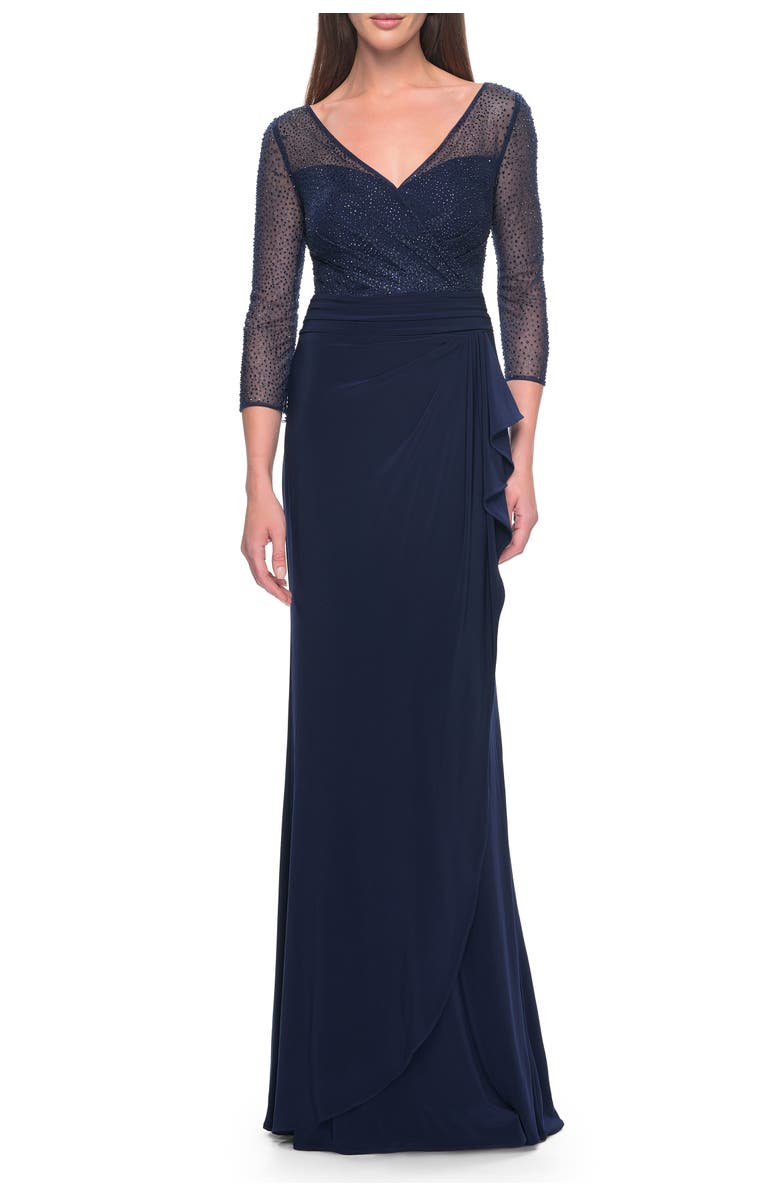 La Femme Evening Gown with Illusion Rhinestone Sleeves, Alternate, color, Navy