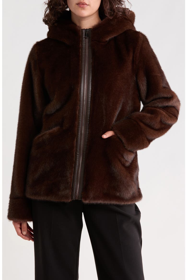 Hooded Faux Fur Bomber Jacket, Main, color, BROWN