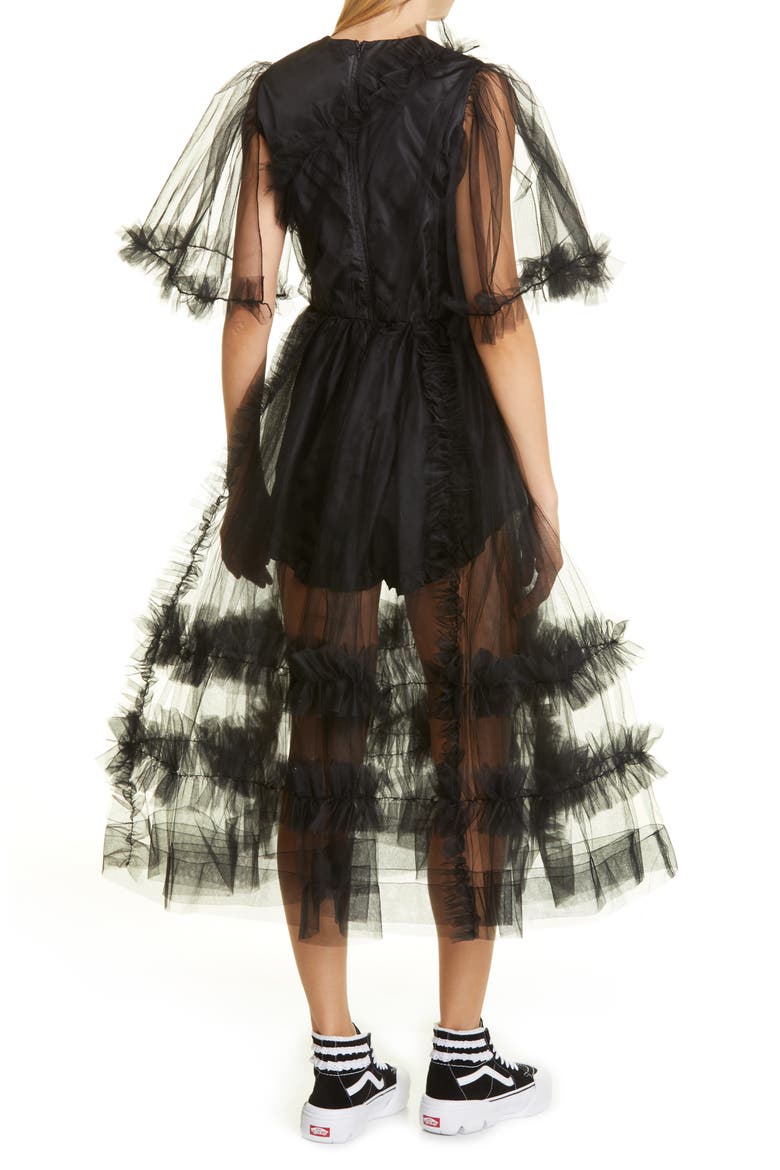 Women's Loon Ruffle Tulle Midi Dress, Alternate, color, BLACK