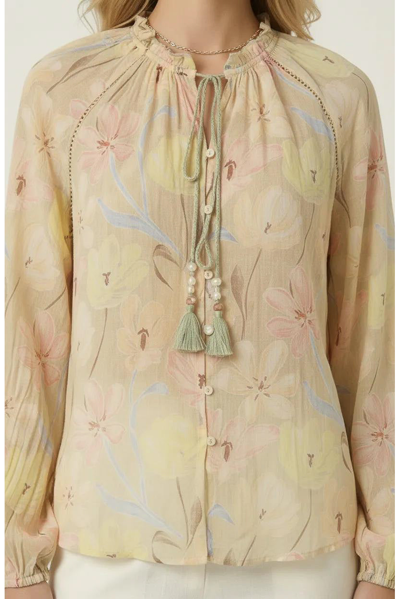 Floral Print Blouse with Tassel Tie Neck and Long Sleeve, Main, color, Beige Floral