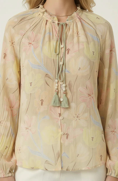 Floral Print Blouse with Tassel Tie Neck and Long Sleeve
