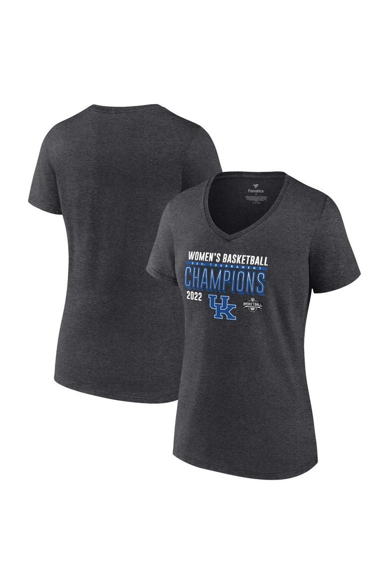 Women's Fanatics Branded Heathered Charcoal Kentucky Wildcats 2022 SEC Women's Basketball Conference Tournament Champions Locker Room V-Neck T-Shirt, Alternate, color, Heather Charcoal