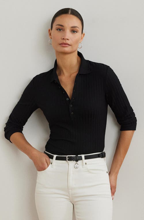 Ralph Lauren Lauren Three Quarter Sleeve Rib Polo In Black