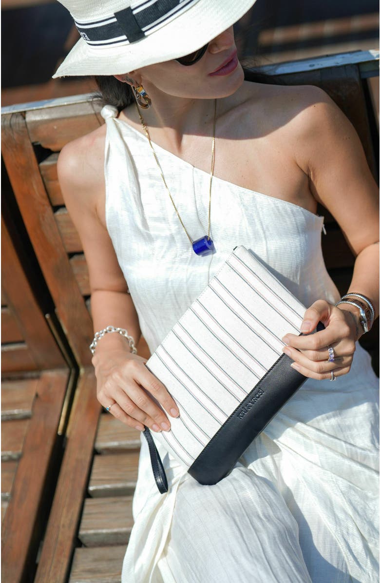 K'ai & Vrosi Defne Calfskin & Handloomed Fabric Clutch, Alternate, color, Black