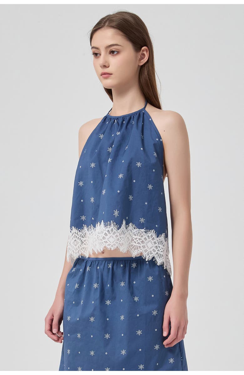 nuaje nuaje Soleil Lace Trim Halter Cotton Top, Main, color, Indigo