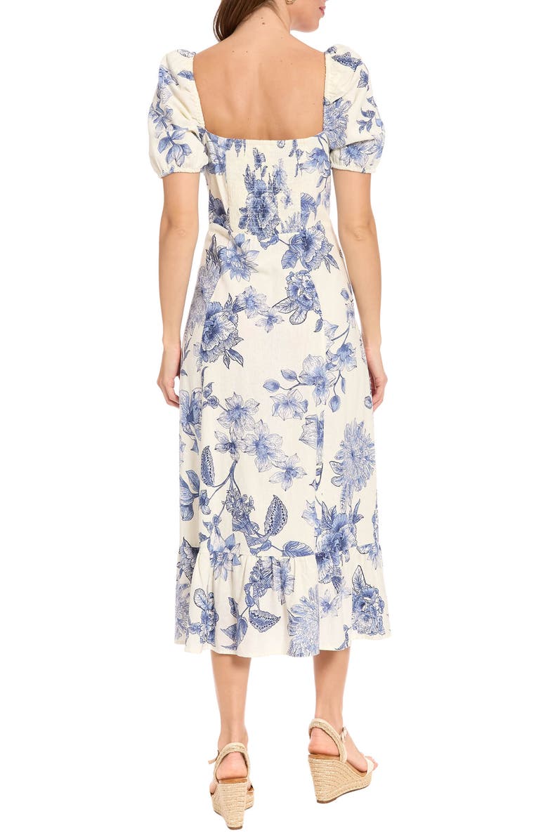 London Times Puff Sleeve Empire Waist Midi Dress, Alternate, color, Soft White/ Slate Blue