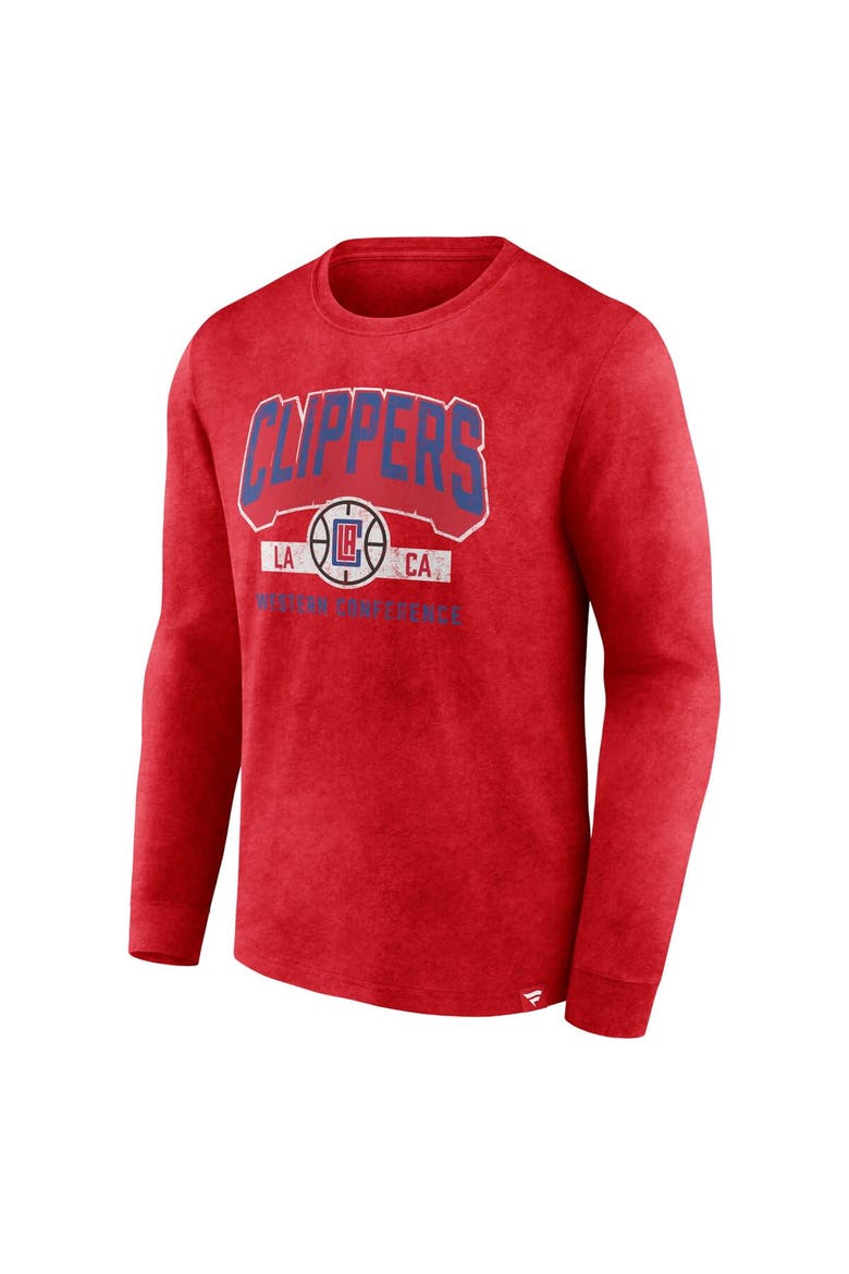 Men's Fanatics Branded Heather Red LA Clippers Front Court Press Snow Wash Long Sleeve T-Shirt, Alternate, color, Heather Red