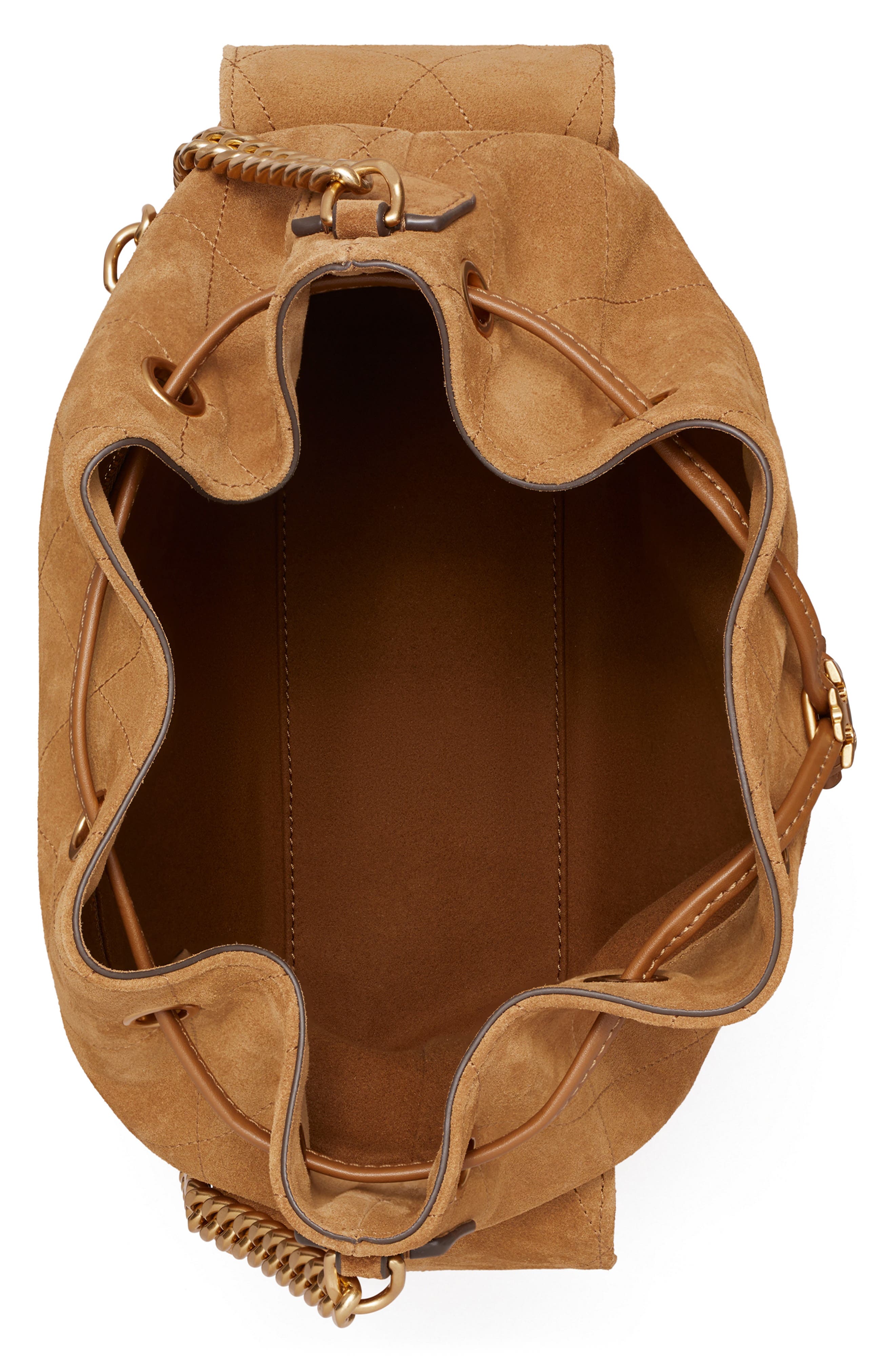 Tory Burch Charlie Quilted Suede Drawstring Bag, Alternate, color, 