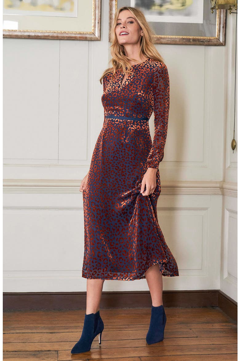 Marie Leopard Devoré Long Sleeve Midi Dress, Alternate, color, COPPER RED CHIC LEOPARD