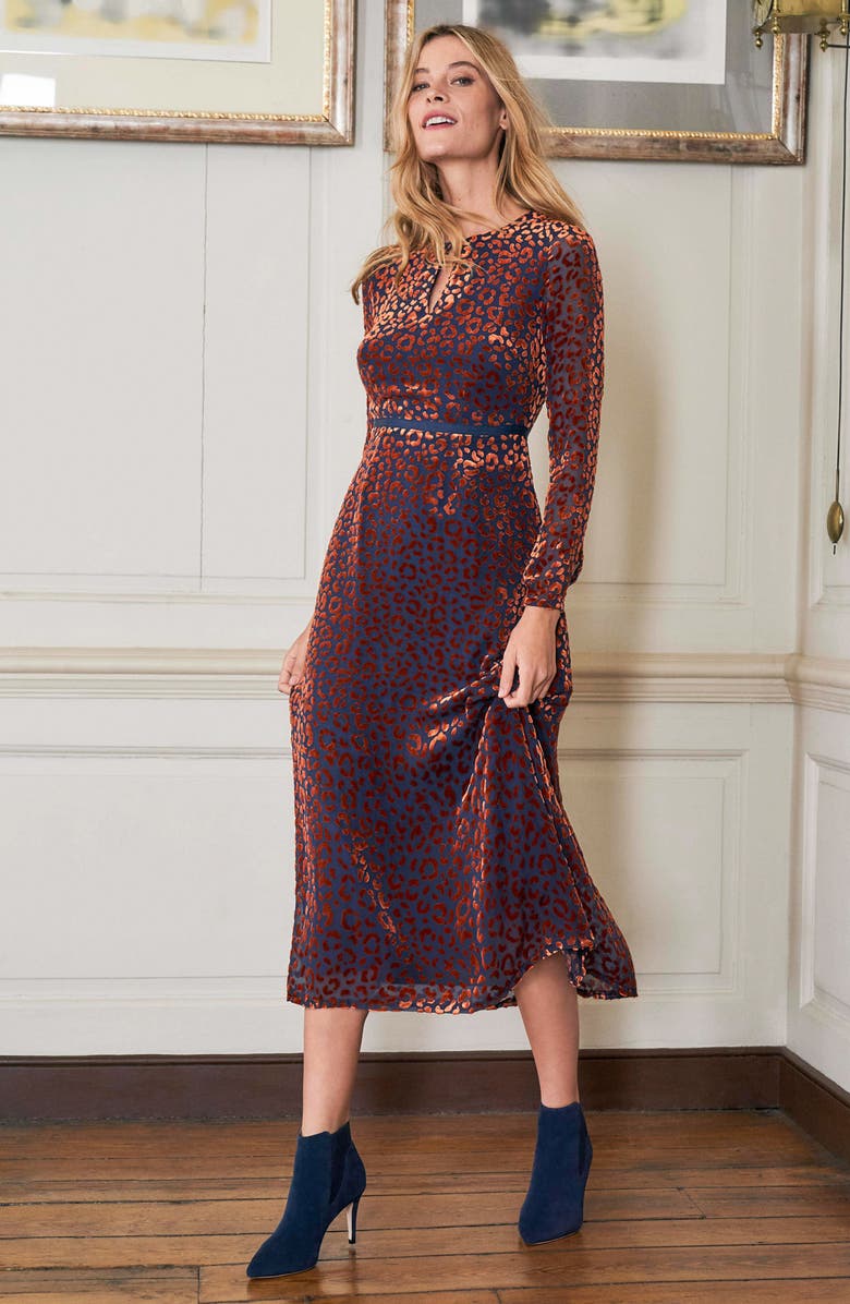 Boden Marie Leopard Devoré Long Sleeve Midi Dress, Alternate, color, 