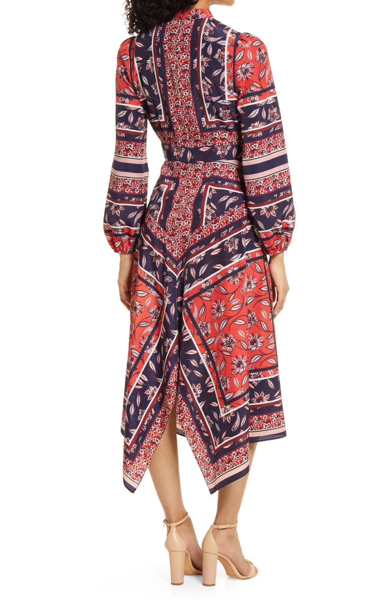 Vince Camuto Scarf Print Handkerchief Hem Long Sleeve Shirtdress, Alternate, color, 