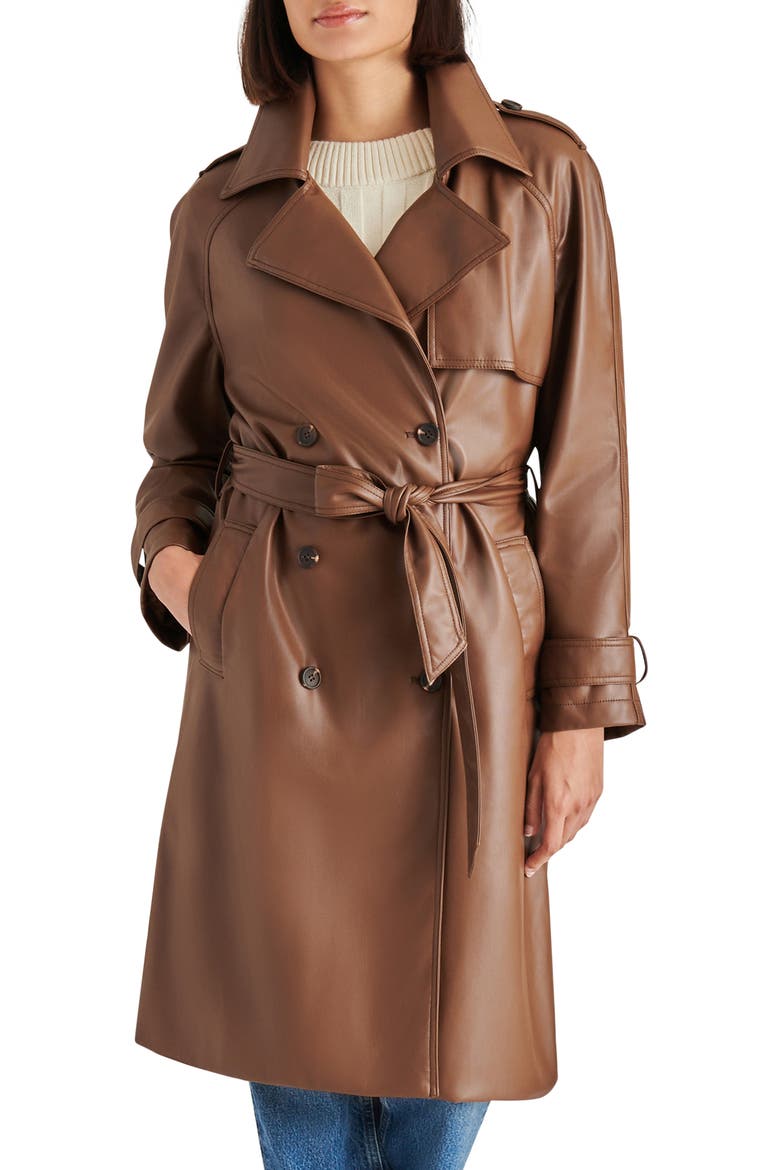 Ilia Faux Leather Trench Coat, Main, color, DARK BROWN