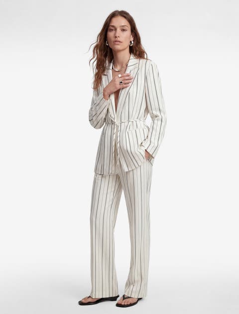 Striped Long Sleeve Belted Blazer