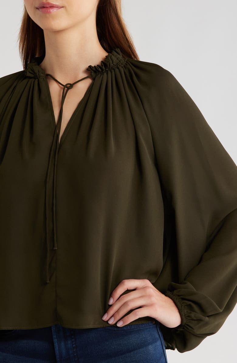 Madewell Long-Sleeve Tie-Neck Top, Alternate, color, Midnight Olive