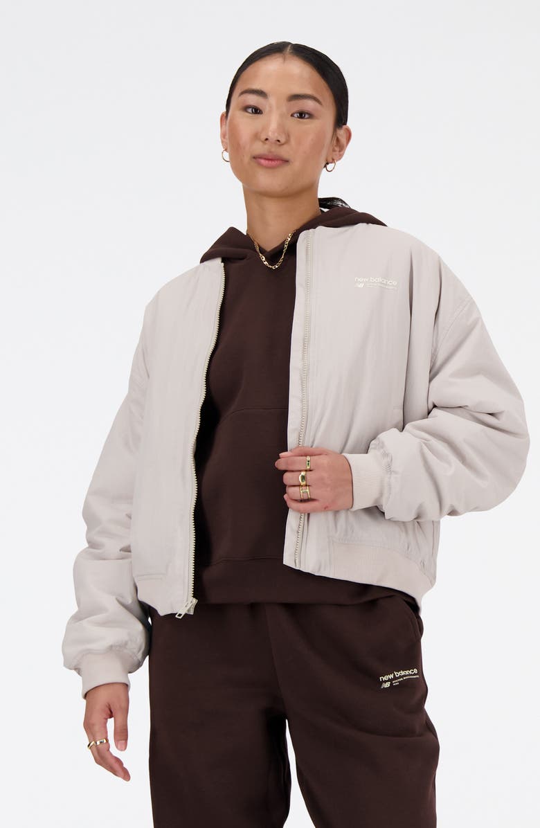 New Balance Linear Heritage Woven Bomber Jacket, Alternate, color, Grey