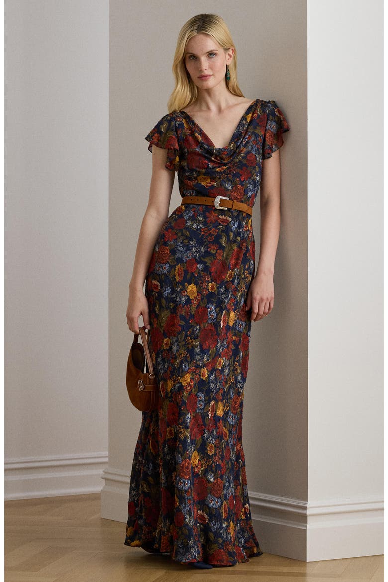 Floral Clipped Jacquard Cowl Neck Gown, Alternate, color, NAVY MULTI