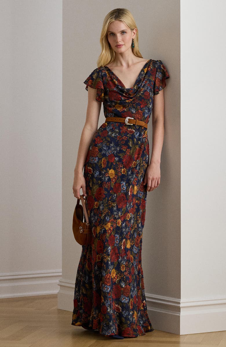 Lauren Ralph Lauren Floral Clipped Jacquard Cowl Neck Gown, Alternate, color, Navy Multi