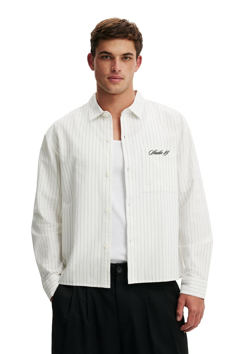 Cotton On Men's Bedford Long Sleeve Shirt, Main, color, White Stripe Emb