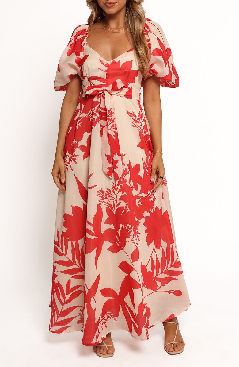 Petal & Pup Ellery Puff Sleeve Tie Waist Dress, Main, color, Red Floral