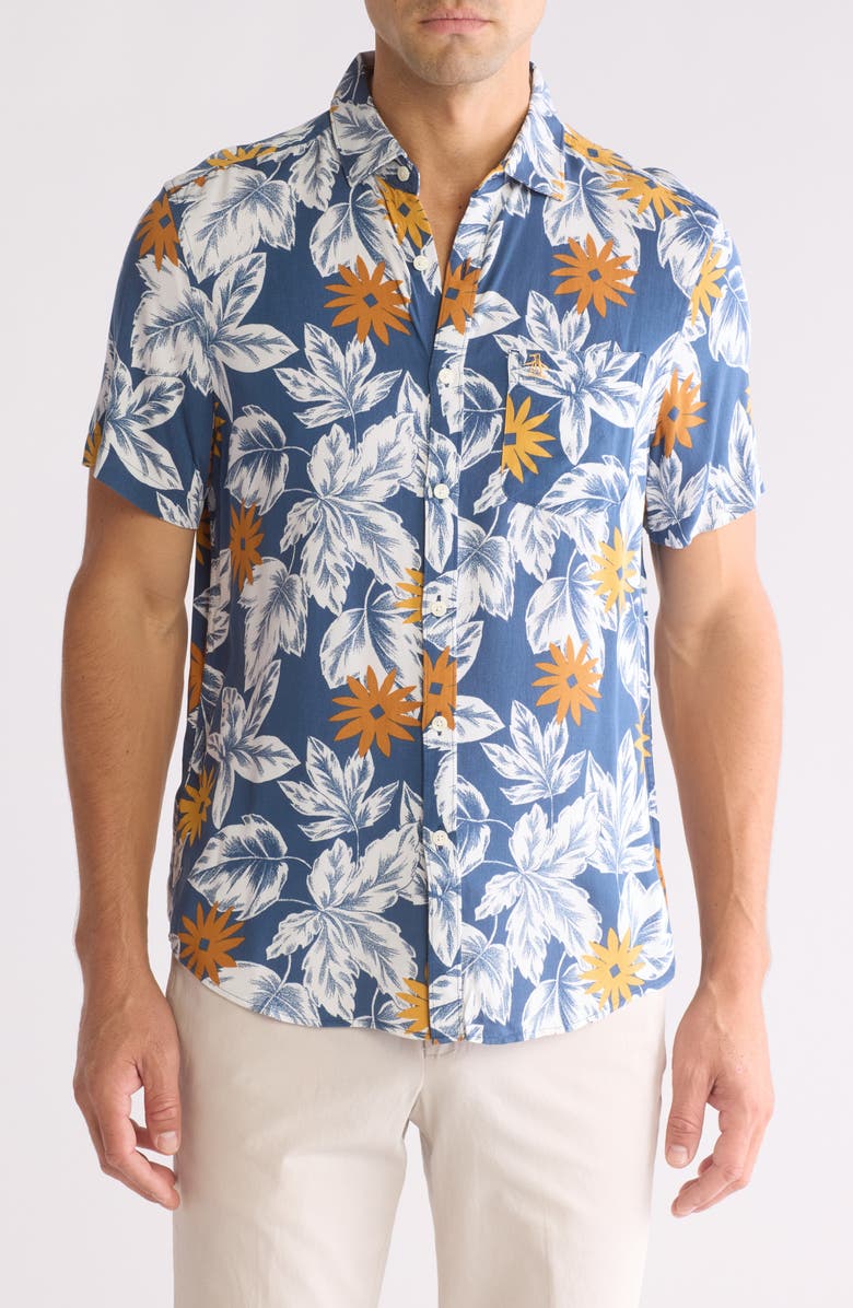 Original Penguin Floral Short Sleeve Button-Up Shirt, Main, color, Sargasso Sea