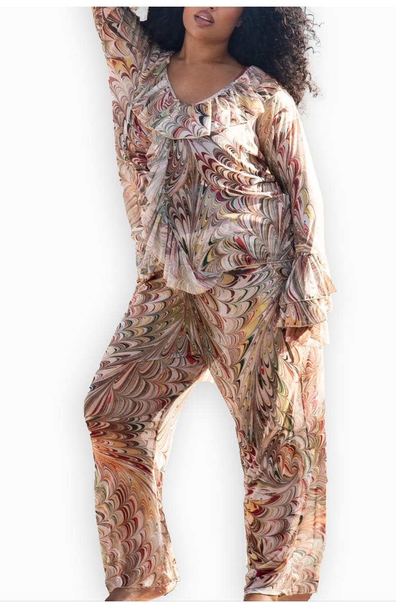 FASHION-SZN CURVE Curve V-Neck Ruffle Printed Resort Top, Alternate, color, Beige