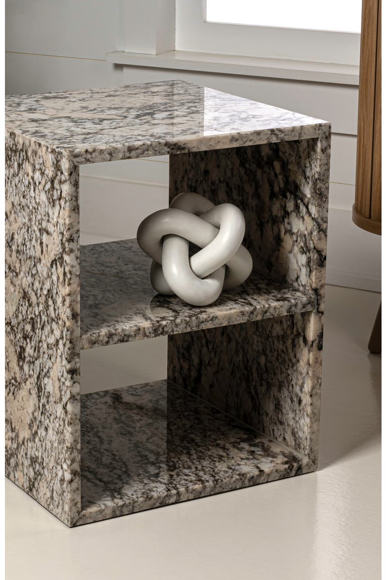 Sloane Modern Genuine Marble Square End Table with Open Shelf, Solid Stone Storage Side Accent Table for Living Room, Alternate, color, Beige/Dark Taupe