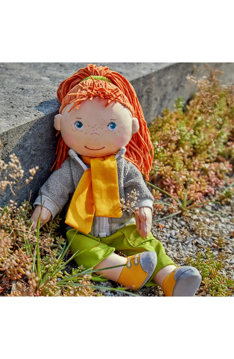 HABA 12" Soft Doll Soley with Red Hair and Embroidered Face, Machine Washable Baby Doll with Clothes and Baby Dolls for 18 months and up, Alternate, color, Green Multi