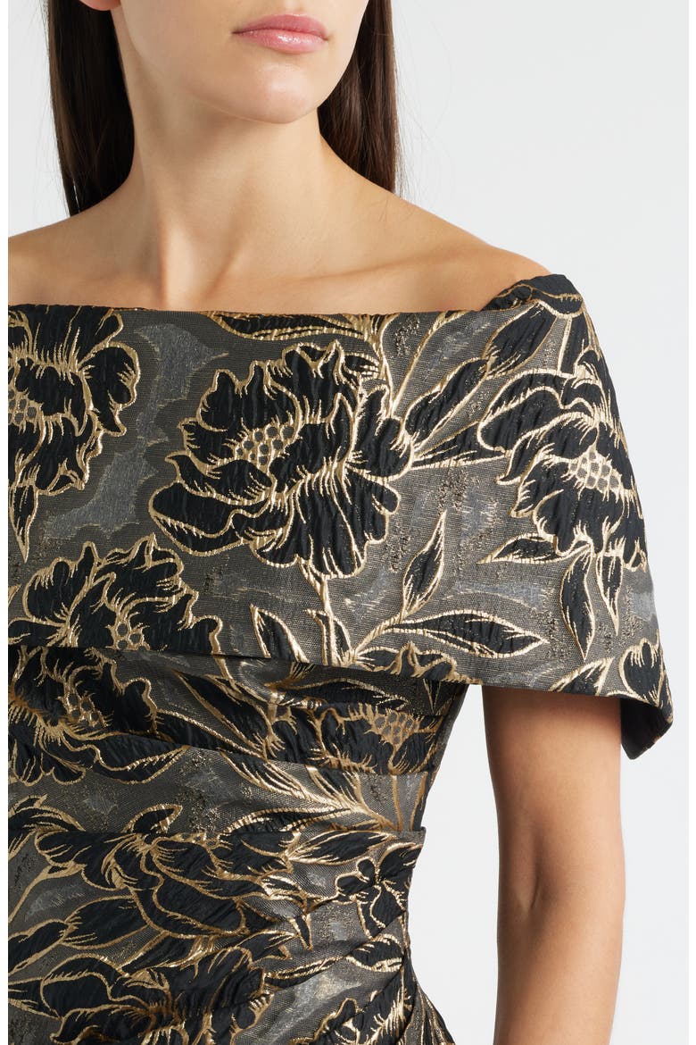 Metallic Floral Jacquard Off the Shoulder Organza Cocktail Dress, Alternate, color, BLACK