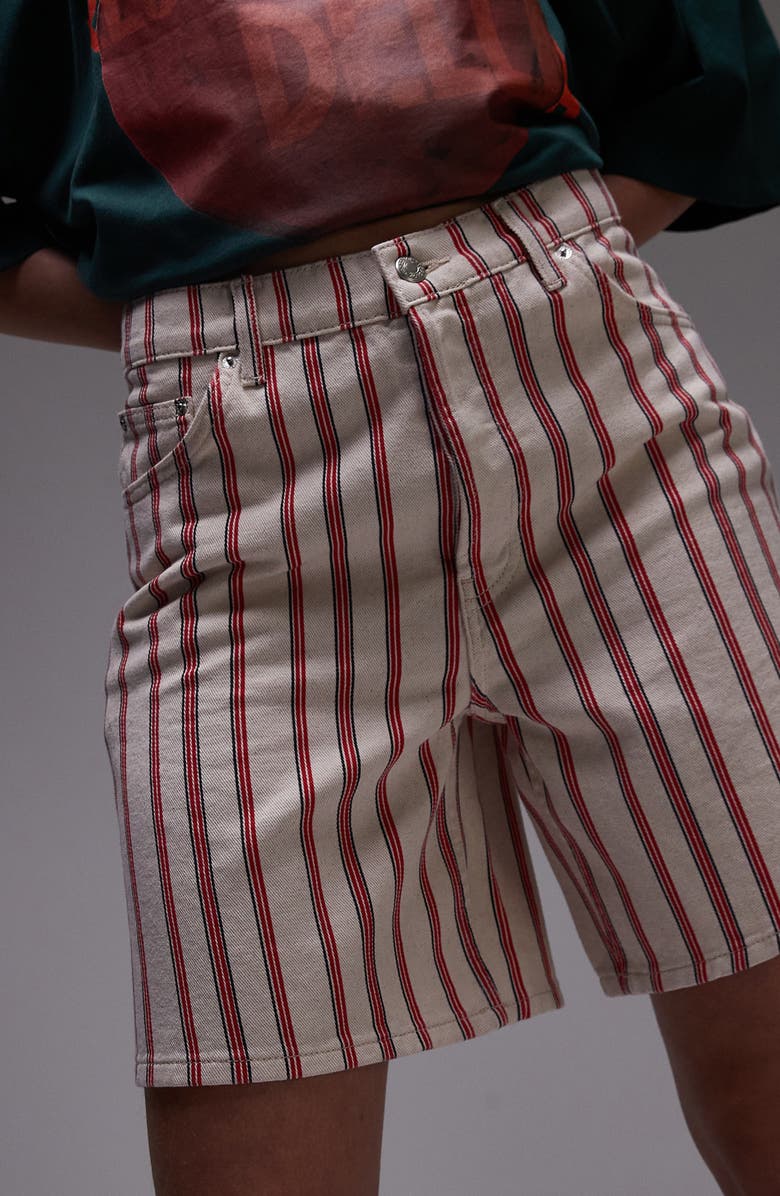 Topshop Stripe Mid Thigh Denim Shorts, Alternate, color, Dark Red