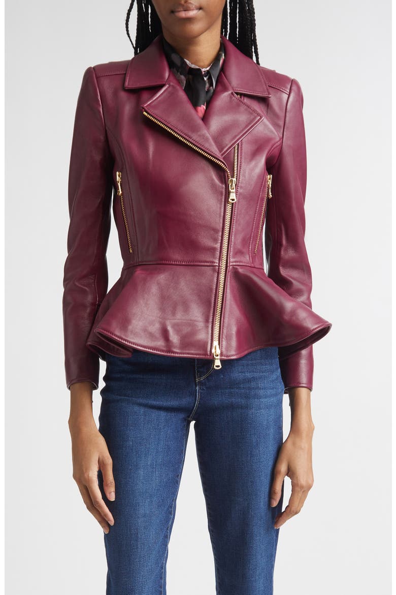 Lyric Leather Peplum Biker Jacket, Main, color, RHODODENDRON