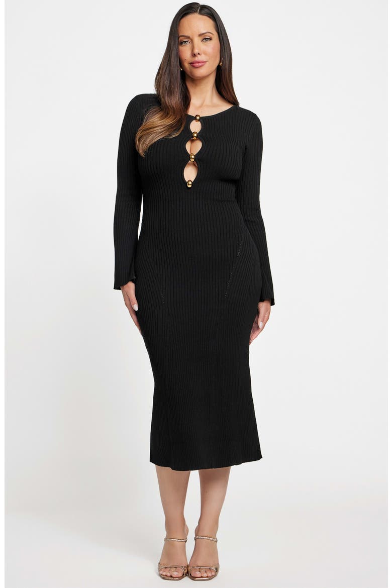 Agathe Cutout Detail Long Sleeve Rib Midi Dress, Alternate, color, JBLACK-BLACK