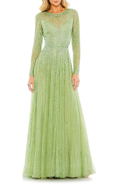 Women's Sequin Illusion High-Neck Long Sleeve A-Line Gown