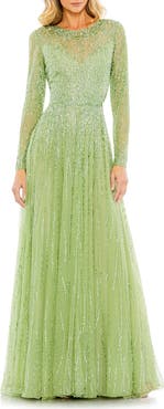 Mac Duggal Women's Sequin Illusion High-Neck Long Sleeve A-Line Gown